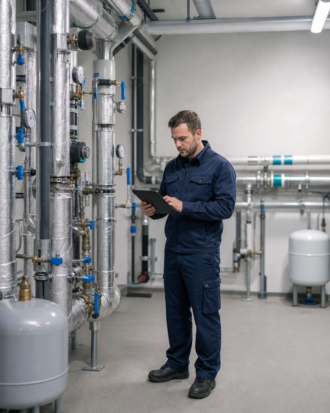 Servicetechniker prüft Rohrleitungen und Betriebsdaten in einem modernen Gebäudetechnikraum.