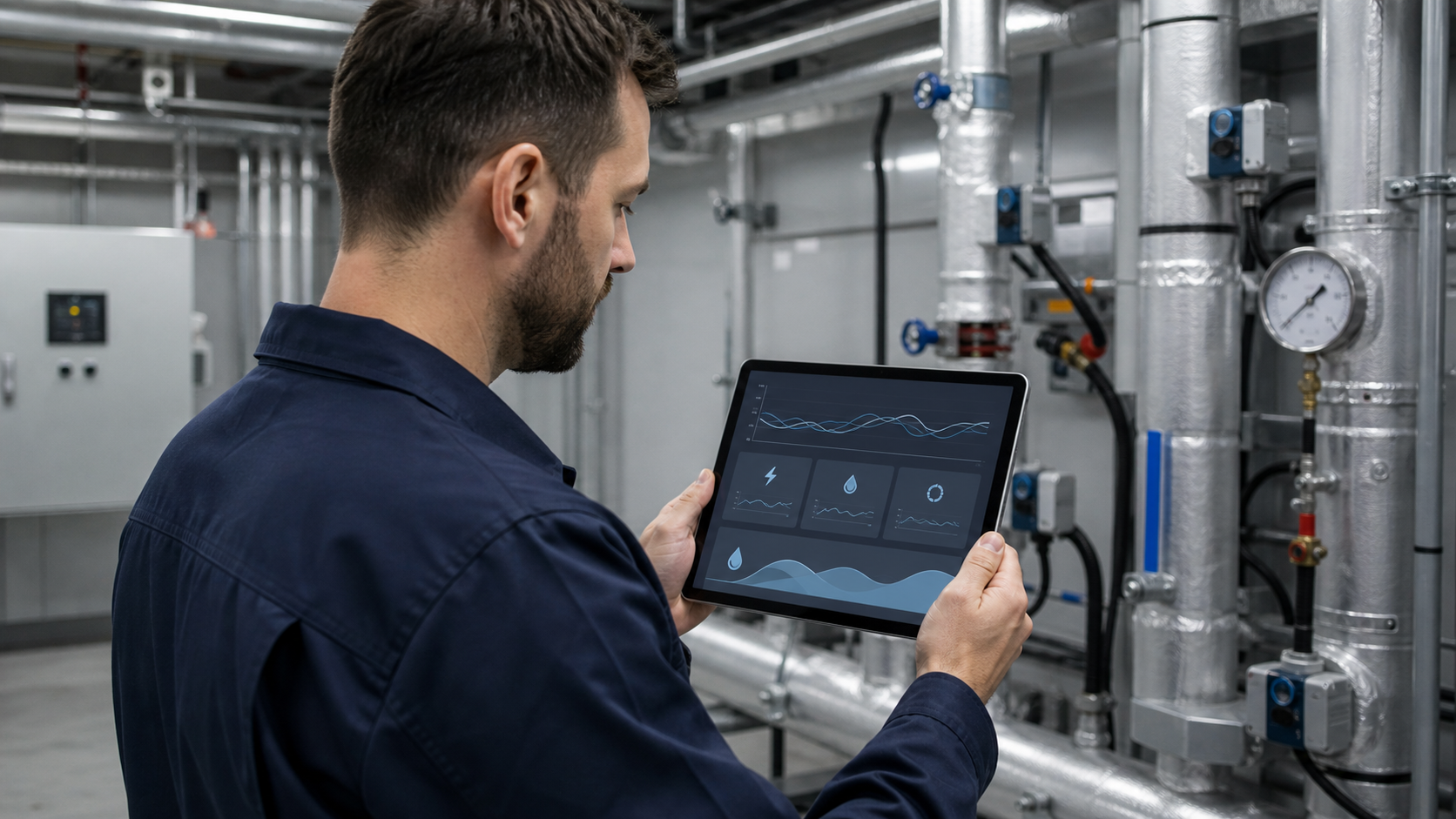 Technische Fachkraft wertet Energie-, Wasser- und Betriebsdaten auf einem digitalen Dashboard aus.